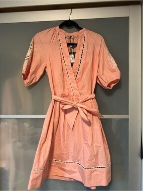Twin-Set Coral Wrap Dress with Embroidered Sleeves